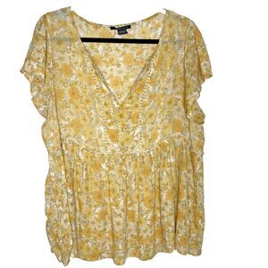 Robert Louis Floral Crochet Blouse V-Neck Short Sleeve Womens XL Yellow